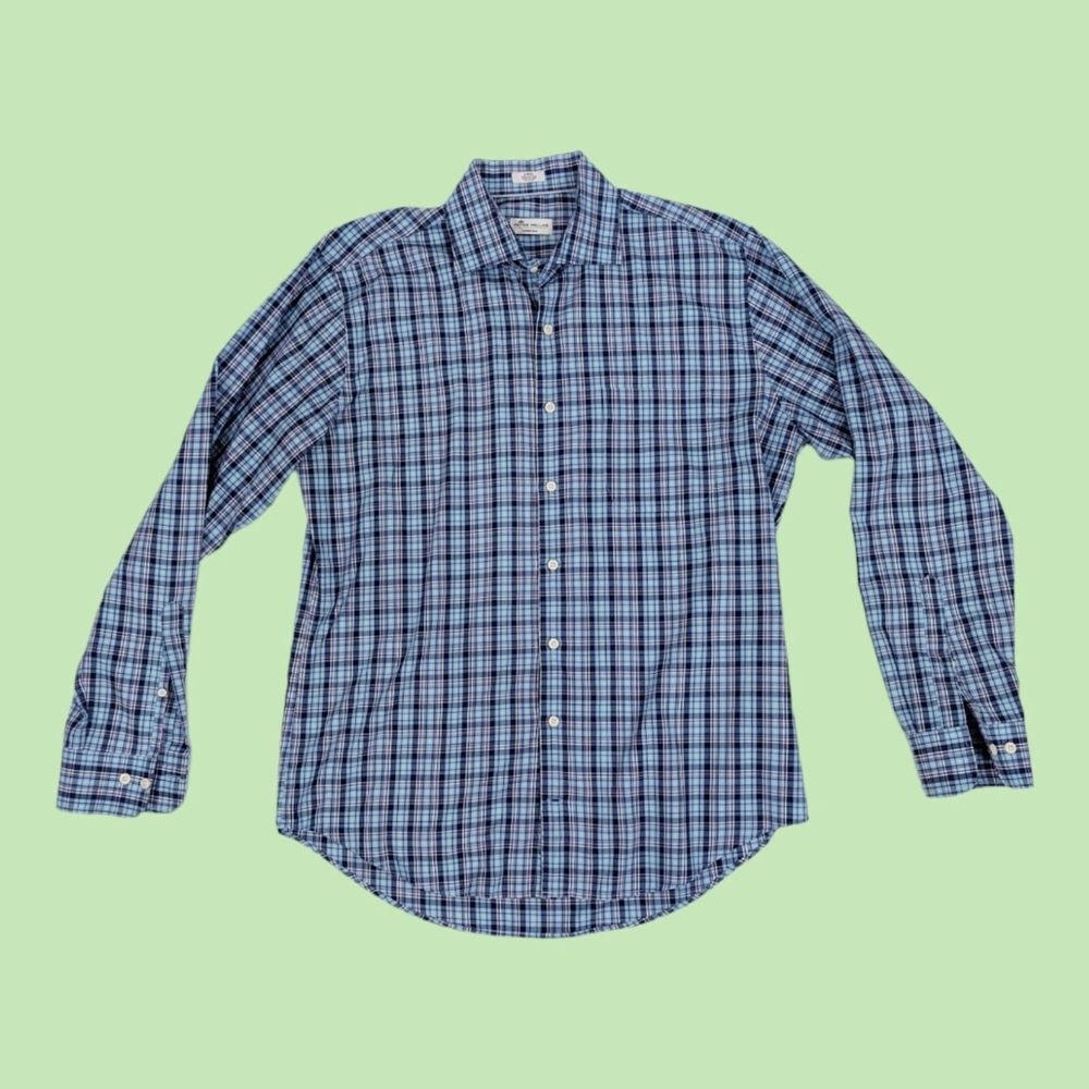Peter Millar Crown Ease Blue Pink Plaid Long Sleeve‎ Button Shirt Mens L